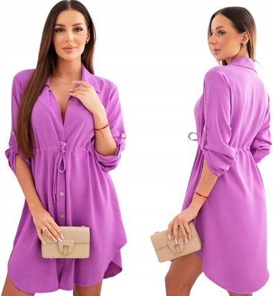 Bakłażanowa damska sukienka koszulowa z guzikami i wiązaniem w talii