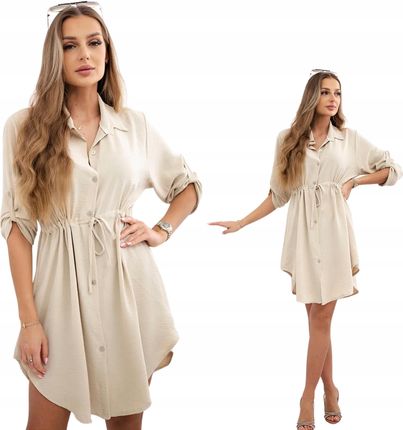 Sukienka z zapięciem na guziki i wiązaniem w talii ciemno beżowa