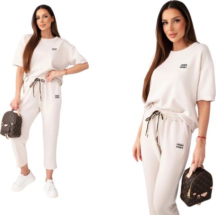 Beżowy komplet damski sportowy z krótkim rękawem | Masełko