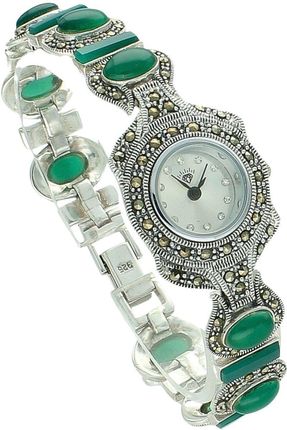 Srebrny zegarek 925 z markazytami i malachitem – elegancki model biżuteryjny