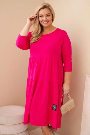 Sukienka damska bawełniana Plus Size z falbanami i podwiniętym rękawem fuksja