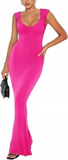 REORIA Sukienka Elegancka Maxi Prążkowana Smukła Krótki Rękaw Różowa S