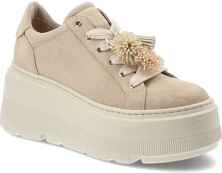 Sneakersy damskie Chebello, ze skóry naturalnej na wysokiej platformie z klasycznym sznurowaniem i dekoracyjnymi chwostami, beżowe, 5002_-194-000-PSK-