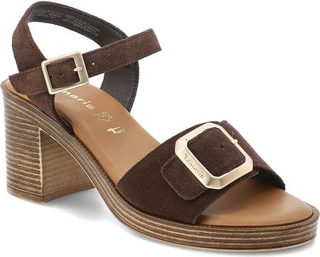 Sandały damskie Tamaris, cholewka ze skóry zamszowej na stabilnym słupku z szerokimi paskami i regulowanym zapięciem przy kostce ozdobione dużą klamrą