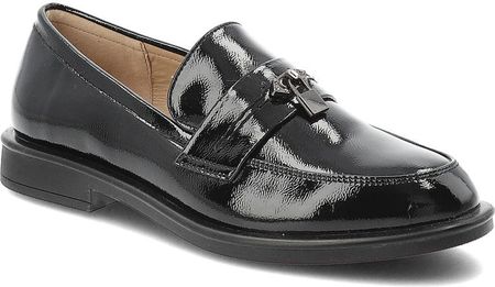 Mokasyny damskie Filippo, lakierowane loafersy na niskim obcasie z eleganckim paskiem i metalową ozdobą, czarne, DP7751/26