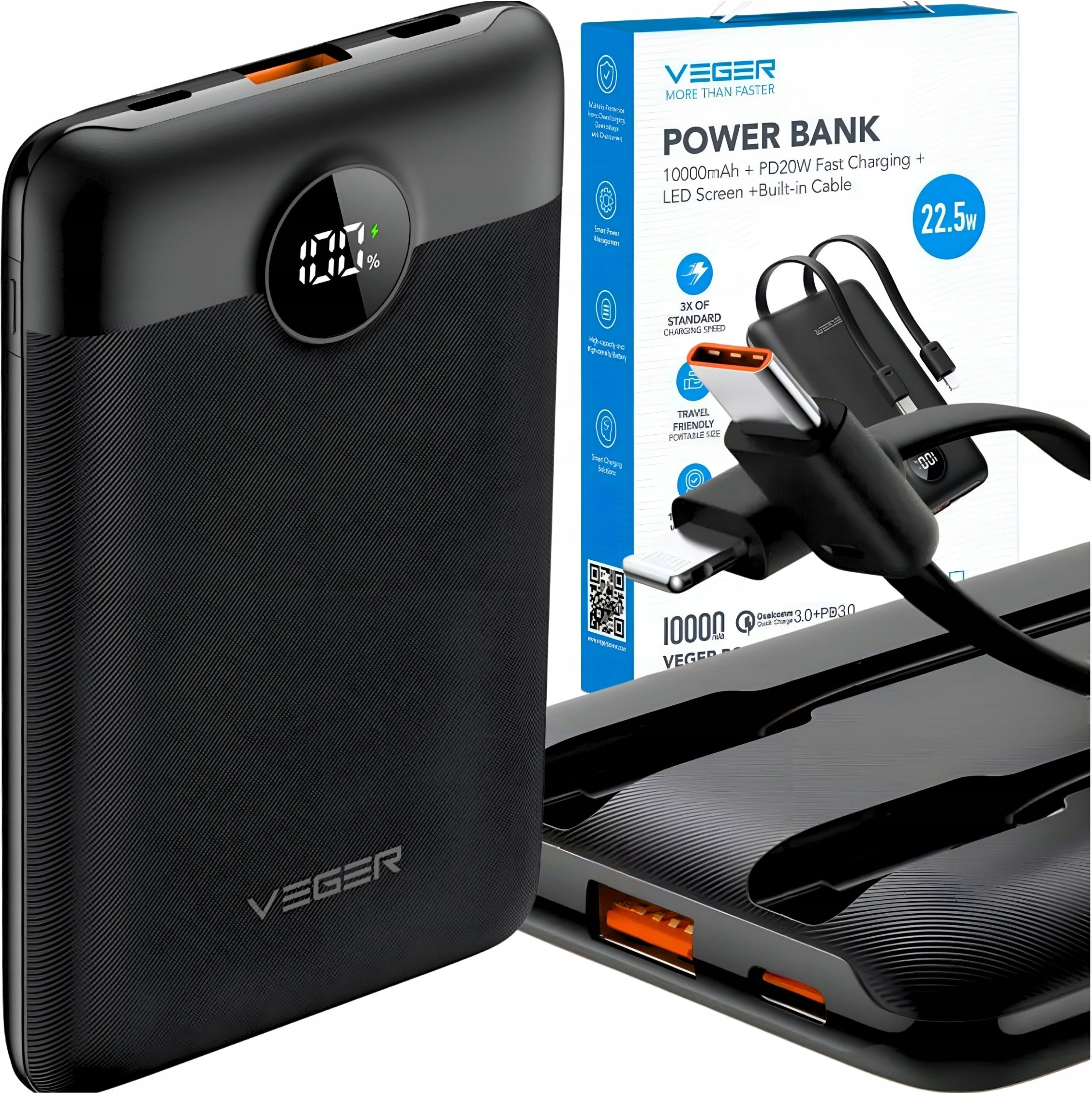 Power Bank Ven-Dens 10000mAh 3 In 1 Con Cavi Integrati &ndash; Garanzia 1 Anno