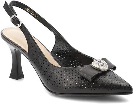 Czółenka damskie S.Barski, skóra naturalna ażurowa cholewka fason slingback regulowany pasek wysoki obcas ozdobna aplikacja, czarne, CR61-3119