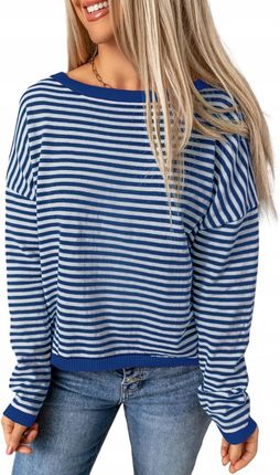 Damska Bluzka z Długim Rękawem Longsleeve w Paski Biały Niebieski XL