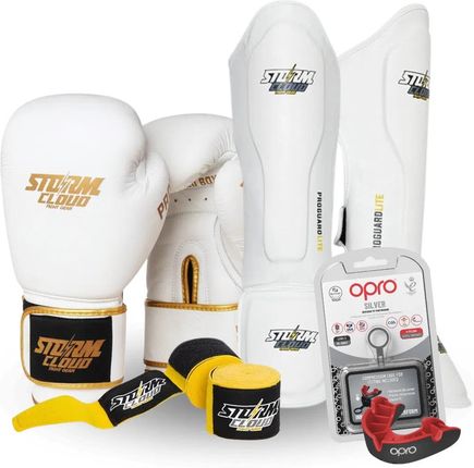Zestaw Kickboxing Premium Rękawice Boxing Pro Biało-Złote + Bandaże 4M + Szczęka OPRO UFC Silver + Piszczele Lite Białe