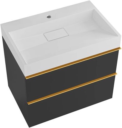 Szafka łazienkowa wisząca CERANO Velora 70 cm czarna mat z uchwytem złotym i umywalką Vita 70 cm biała połysk CER8050BD83878