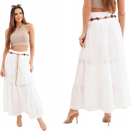 Biała spódnica damska maxi z falbanami i ażurowymi wstawkami