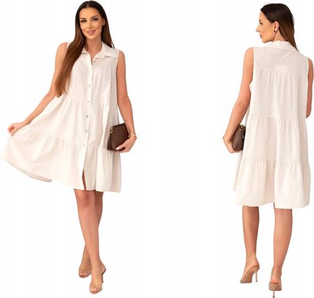 Beżowa sukienka damska koszulowa bez rękawów zapinana na guziki