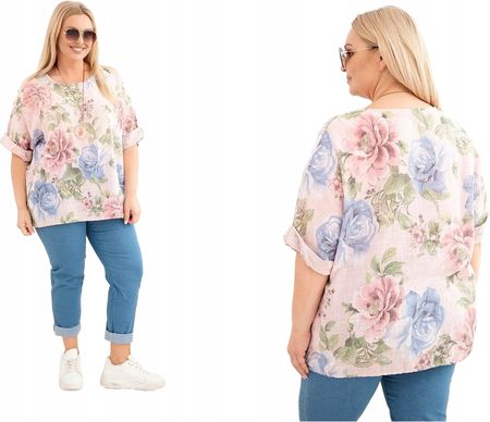 Pudrowy róż bluzka damska bawełniana Plus Size z krótkim rękawem