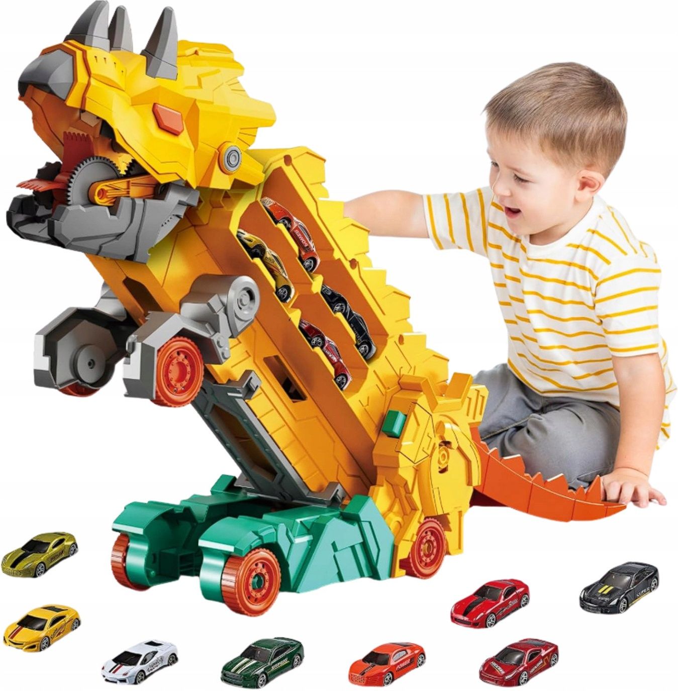Autka Dino Ciężarówka Transporter 2 Autka Wyścigowe Z Rampą Transformacja ...
