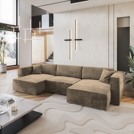 Masseno Narożnik z funkcją spania SARMO U pojemnik na pościel Rozkładana sofa System ślizgowy Powierzchnia spania 128x306 cm Tkanina welurowa Monolith