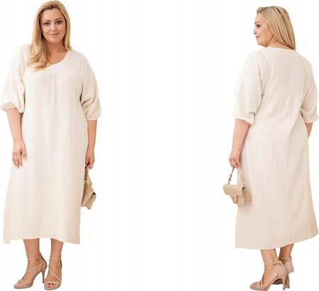 Beżowa sukienka damska Plus Size bawełniana z dekoltem V