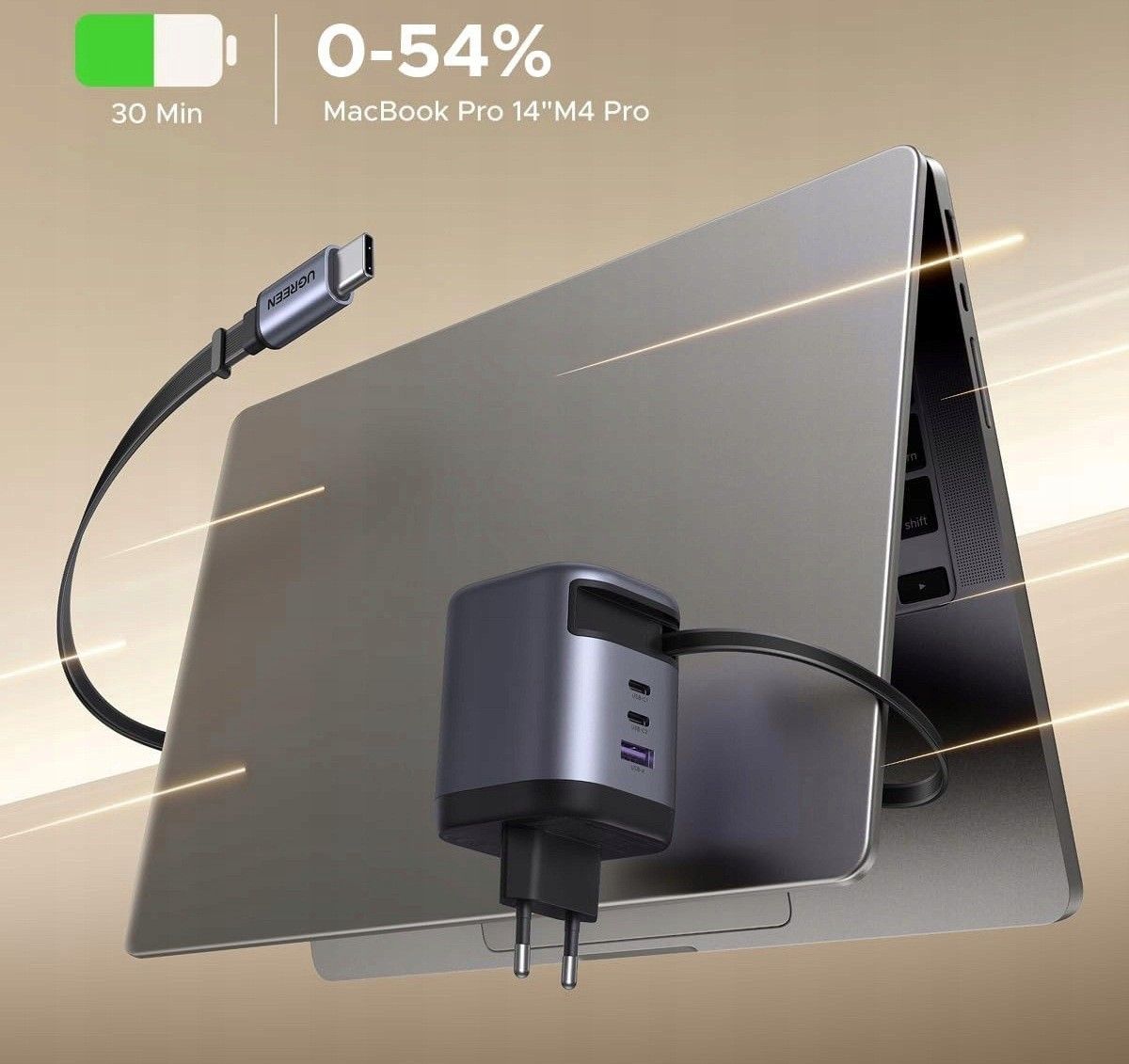 Porty Ugreen Nexode Ładowarka 100 W Usb-C Z Przedłużanym Kablem 75 Cm 4 Porty ...