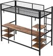 Metalowe łóżko piętrowe z biurkiem i półkami 90x200cm czarne i ciemne drewno