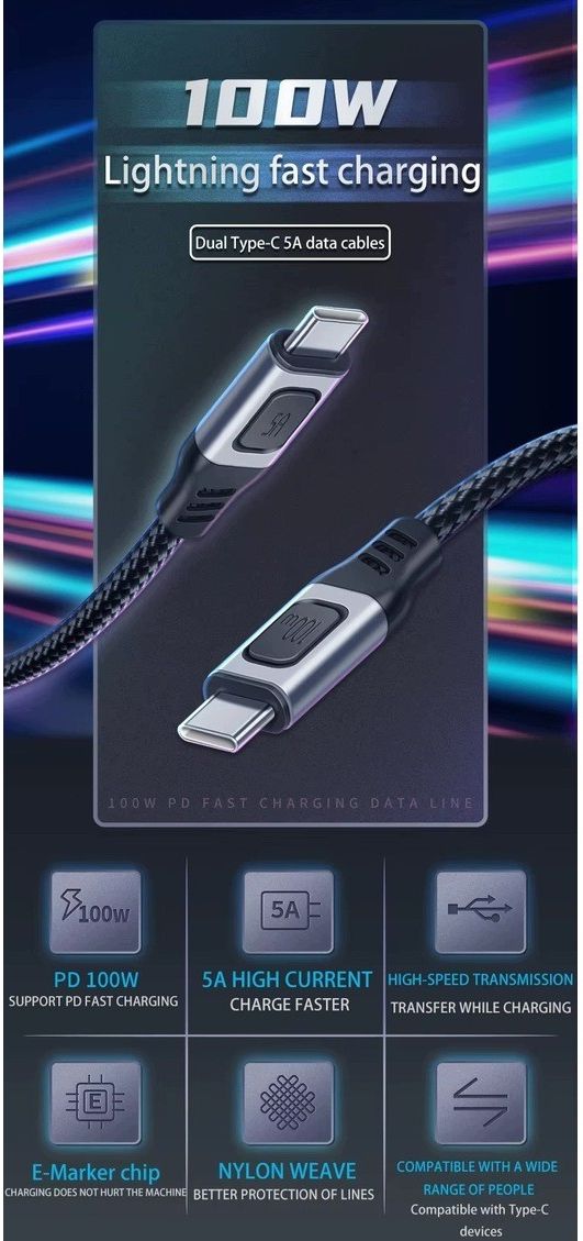 Typ Light Camlight Kabel Usb Typ C Pd 100W Szybkie Ładowanie Transmisja Nylon 2M ...