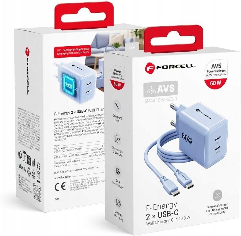Ładowarka do telefonu Forcell Szybka Ładowarka Avs Gan Iii 60W Dwa ...