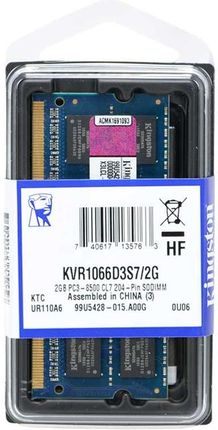 Barrette Mémoire 2Go RAM DDR3 Kingston KVR1066D3S7/2G SO-DIMM
