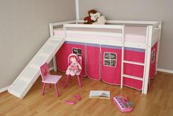 Zdjęcie Homestyle4U Łóżko Piętrowe Dla Dzieci Z Zjeżdżalnią I Czerwoną Kurtyną - Olsztyn