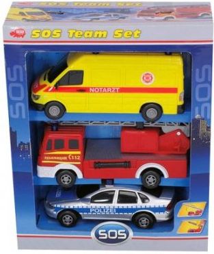 Dickie Toys SOS Team Set - Voiture Police, Ambulance Et Camion Pompier Avec Eau, Version Belge