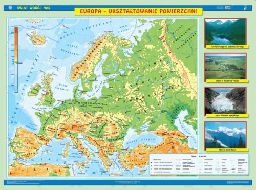 Mapa ścienna Europa. Ukształtowanie powierzchni/Krajobrazy. Mapa