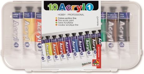 Acryl, Set di 10 Tubetti di Tempera Acrilica Fine da 18 ml Primo Morocolor