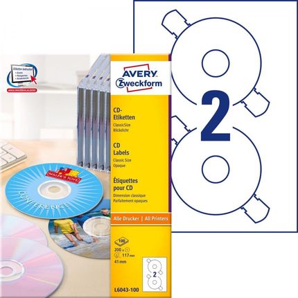 Avery Zweckform Etykiety Na Płyty Cd/Dvd Białe Matowe Classicsize 117 Mm, 2 Etykiety/A4 200 Szt.