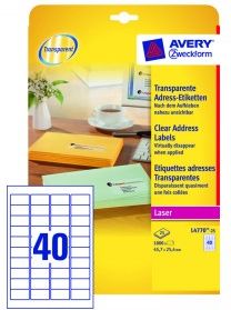 Avery Zweckform Etykiety Adresowe Przezroczyste; A4, 25 Ark./Op., 45,7 X 25,4 Mm, Przezroczyste