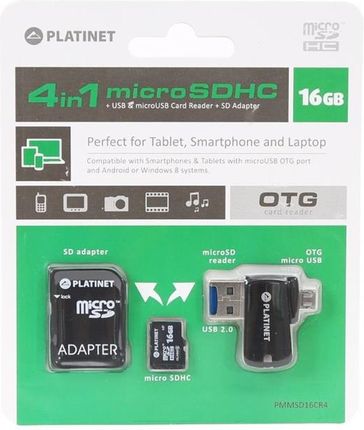Platinet Adapter 4-in-1 microSD 16GB klasa 4 + READER (PMMSD16CR4)