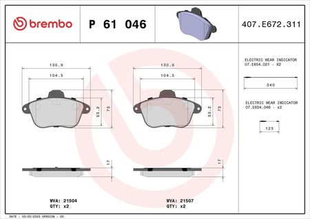 Zestaw klocków hamulcowych, hamulce tarczowe BREMBO P 61 046