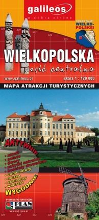 Wielkopolska, część centralna. Poznań, Leszno, Gniezno, Mogilno, Międzychód, Jarocin. Mapa atrakcji turystycznych. 