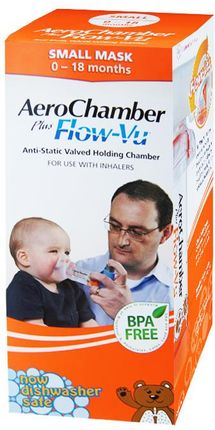 AeroChamber Plus Flow-Vu Small, komora inhalacyjna z maską, od 0 do 18 miesiąca, pomarańczowa