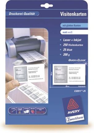 Avery Papier Wizytówkowy Quick&Clean 85x54mm Białe Matowe 200G 250 Wizytówek Opakowanie 25 Ark (A32011)