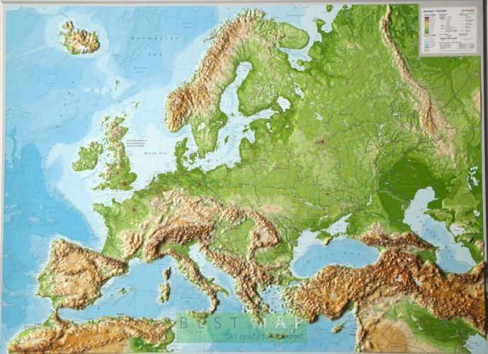 mapa topograficzna europy Mapa ścienna Georelief Europa. Mapa Ścienna Plastyczna 1:8 Mln 