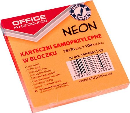 Office Products Bloczek Samop., 76X76Mm, 1X100 Kart., Neon, Pomarańczowy (14046611-07)