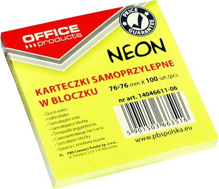 Office Products Bloczek Samop., 76X76Mm, 1X100 Kart., Neon, Żółty (14046611-06)