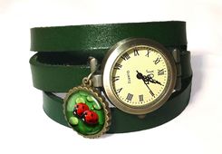 Biedronki - zegarek/bransoletka na skórzanym pasku - Zegarki na rękę handmade