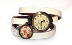 Retro róże - zegarek/bransoletka na skórzanym pasku