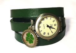 Koniczyna - zegarek/bransoletka na skórzanym pasku, 0708 - Zegarki na rękę handmade