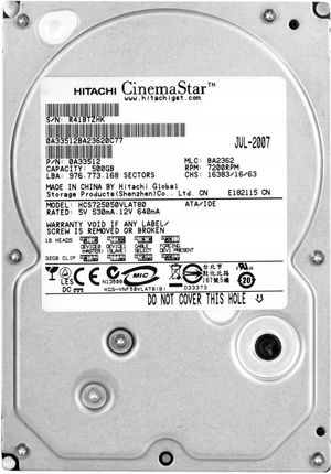 Hitachi Cinemastar 7K500, 500GB, ATA/133, 7200rpm, 8MB (HCS725050VLAT80)