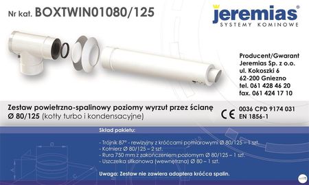 Jeremias Zestaw Powietrzno-Spalinowy Poziomy Wyrzut Przez Ścianę Ø 80/125 (Kotły Turbo I Kondensacyjne) (boxtwin01080/125)