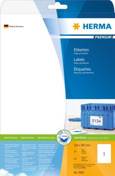 Herma 5065 Étiquettes A4 Premium 210x297 Mm - Lot De 25 Feuilles Blanches Auto-Adhésives SuperPrint