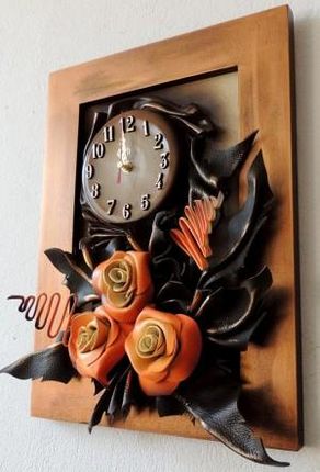 ART DECO Trójwymiarowy obraz z zegarem i różami skóra K2Z4