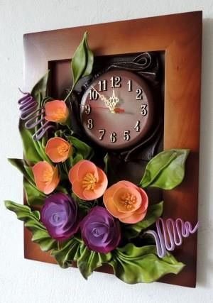 ART DECO Obraz skórzany z kwiatami i zegarem K2Z5