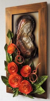 Piękny obraz z Matką Bożą i kwiatami - rękodzieło ze skóry - K4S-7
