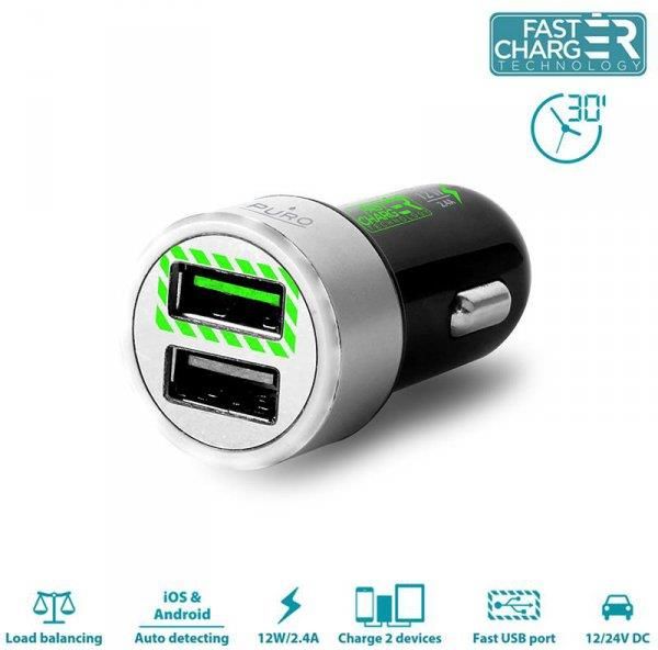 PURO Mini Car Fast Charger Uniwersalna ładowarka samochodowa 2 x USB 2.4 A z niebieskim podświetleniem LED round czarny PURO Mini Car Fast Charger Uniwersalna ładowarka samochodowa 2 x USB 2.4 A z niebieskim podświetleniem LED round czarny