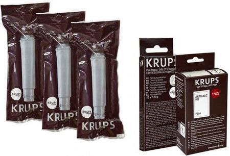 Krups 3 x Filtr Krups F088 + Odkamieniacz do ekspresów ciśnieniowych Krups F054 + Tabletki czyszczące KRUPS XS3000 10 tabletek